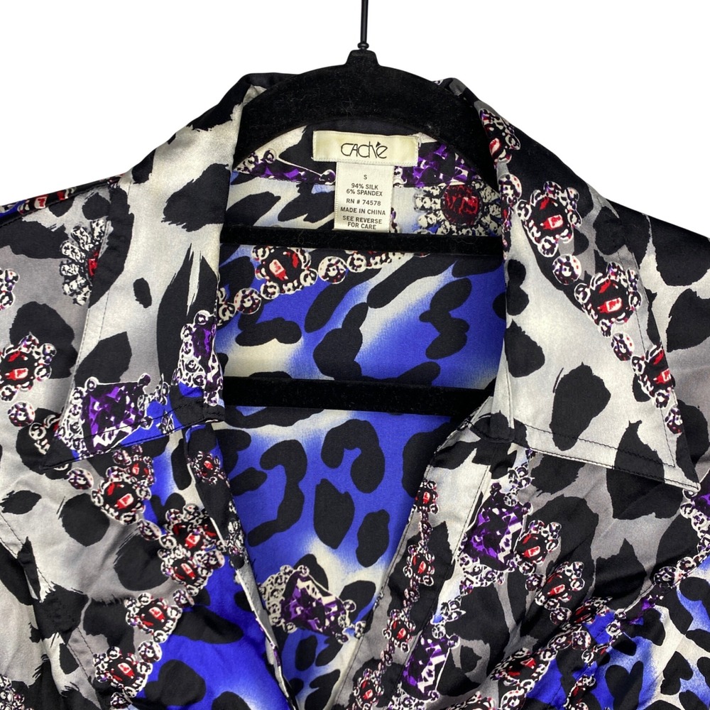 Cache Silk Blend Animal Jewel Print Button Down Blouse Blue Black Womens Small - Picture 4 of 11